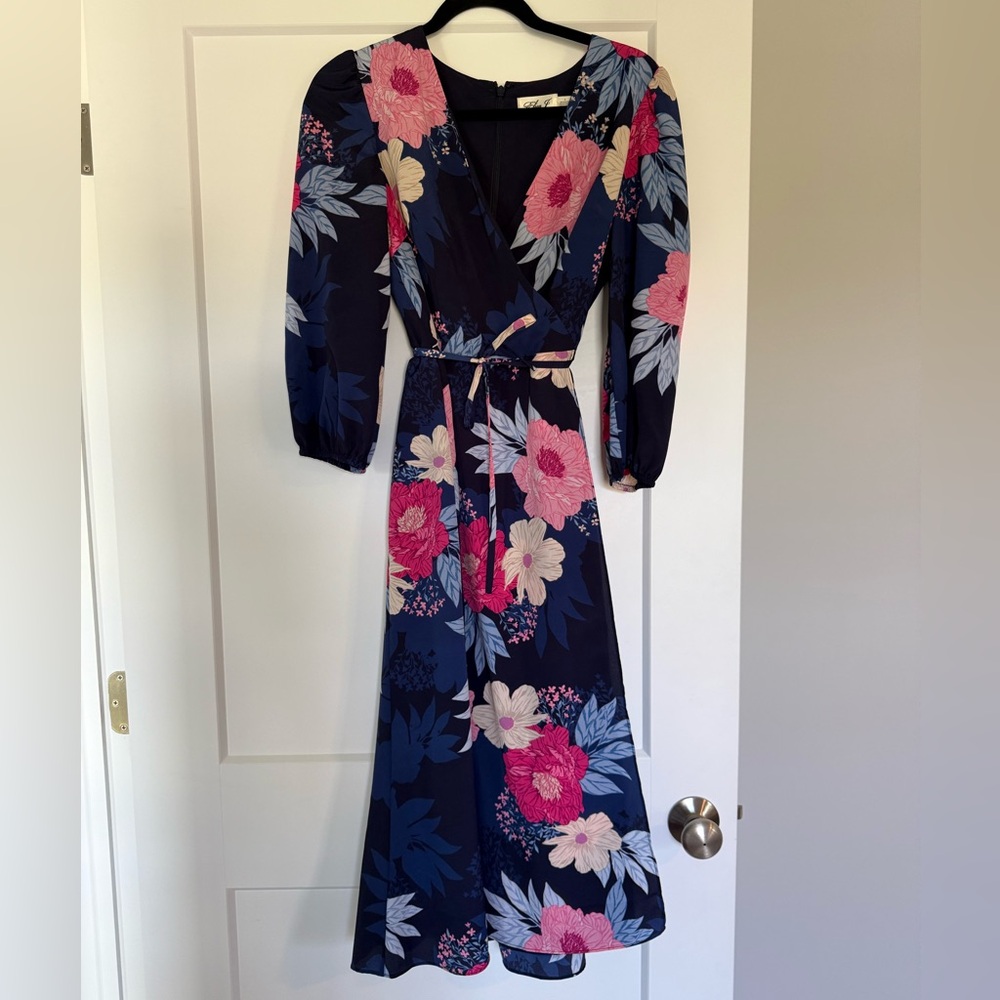 Eliza J Navy and Pink Floral Midi Dress